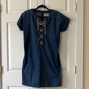 Denim Lace-Up Shift Dress - Dark Blue
